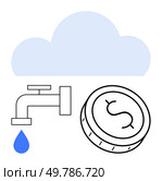 Cloud with faucet dripping water drop and coin with dollar sign. Ideal for finance, cloud services, cash flow, investment, conservation, savings, technology. Line metaphor. Cloud with Faucet Dripping Water and Coin with Dollar Sign, Representing Value and Flow Management. Стоковая иллюстрация, агентство Ingram Publishing / Фотобанк Лори