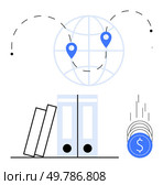 Books, files, and coins falling beside a worldwide map with location markers. Ideal for business, finance, education, global connectivity, data management, research and economic growth concepts. Global Business and Financial Management with Books, Files, and Currency. Стоковая иллюстрация, агентство Ingram Publishing / Фотобанк Лори