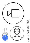 Play button symbol within a circle, person icon wearing a headband, and falling coins with dollar sign. Ideal for video production, monetization, user engagement, content creators, digital marketing. Video Content Monetization and User Engagement Symbolized with Money, Profile and Play Icons. Стоковая иллюстрация, агентство Ingram Publishing / Фотобанк Лори