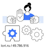 Woman with raised hand signaling stop, two hands in front of her, puzzle piece with gear, and three gears. Ideal for teamwork, communication, conflict resolution, problem-solving, organizational. Conflict Resolution and Problem-Solving Concept with Teamwork and Communication Elements. Стоковая иллюстрация, агентство Ingram Publishing / Фотобанк Лори