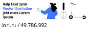 Woman pointing at gardening trowel and scooter. Ideal for gardening, transportation, exploration, education, technology, urban living, and design themes. Banner for landing page. Woman Pointing at a Trowel and Scooter with Placeholder Text and Vector Illustration Mention. Стоковая иллюстрация, агентство Ingram Publishing / Фотобанк Лори