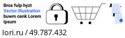 Lock icon for security, shopping cart for e-commerce, and documents with checklist for transactions. Ideal for online shopping, e-commerce websites, security features, transactional platforms. Secure Shopping Experience with Lock, Shopping Cart, and Documents with Checklist Badge. Стоковая иллюстрация, агентство Ingram Publishing / Фотобанк Лори