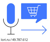 Microphone icon with speech bubble containing shopping cart image, and rightward arrow. Ideal for e-commerce, voice assistants, online shopping, retail technology, digital marketing, customer. Voice-Enabled Shopping Concept with Microphone Icon and Shopping Cart in Speech Bubble. Стоковая иллюстрация, агентство Ingram Publishing / Фотобанк Лори