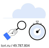 Hand holding magnifying glass, stopwatch, and cloud symbolize analysis and speed in cloud computing. Ideal for tech, data management, efficiency, analysis, time management, cloud services. Cloud Computing Analysis Hand Holding Magnifying Glass and Stopwatch for Efficiency. Стоковая иллюстрация, агентство Ingram Publishing / Фотобанк Лори