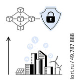 Blockchain nodes linked to a padlock shield modern cityscape with solar panels wind turbines. Ideal for technology, security, sustainability, innovation, smart city, energy, progress. Line metaphor. Securing Smart Cities Blockchain Integration with Renewable Energy and Technology Systems. Стоковая иллюстрация, агентство Ingram Publishing / Фотобанк Лори