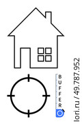 House outline, crosshair target, and buffer text on scale. Ideal for real estate, safety, target audience, planning, protection focus property development. Line metaphor. House Outline, Target Focus, and Buffer Text Displayed for Real Estate and Safety Concepts. Стоковая иллюстрация, агентство Ingram Publishing / Фотобанк Лори