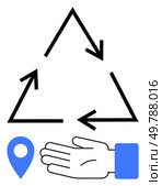 Black recycling arrows in a triangle above blue location pin and extended hand. Ideal for sustainability, recycling programs, environmental initiatives, community involvement, eco-friendliness, waste. Recycling Symbol with Blue Hand and Location Pin Highlighting Sustainability and Local Action. Стоковая иллюстрация, агентство Ingram Publishing / Фотобанк Лори