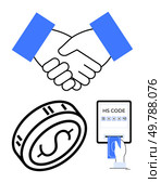Handshake symbolizing cooperation, large dollar coin representing commerce, and a hand entering a HS Code on a device. Ideal for business agreements, trade, finance, contracts, partnerships. Handshake Agreement with Dollar Coin and Tariff Code Entry Highlights Business Transactions. Стоковая иллюстрация, агентство Ingram Publishing / Фотобанк Лори