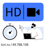 HD video icon, stopwatch indicating precision, and person pointing at laptop for effective planning and content creation. Ideal for productivity, video quality, time management, creativity, planning. HD Video Symbol with Timer and Person Pointing at Laptop for Efficient Multimedia Work. Стоковая иллюстрация, агентство Ingram Publishing / Фотобанк Лори