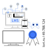 Computer screen with LMS interface, book on mobile device, game controller, search, graph, and certificate icons. Ideal for online education, e-learning platforms, digital classrooms training. Learning Management System on Desktop and Mobile with Educational and Gamification Elements. Стоковая иллюстрация, агентство Ingram Publishing / Фотобанк Лори