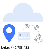 Cloud icon, location marker, credit card, hand holding coin, and floating coins. Ideal for online banking, e-commerce, financial tech, mobile payments digital wallets location services and secure. Cloud-based payment system with location tracking for seamless transactions and financial management. Стоковая иллюстрация, агентство Ingram Publishing / Фотобанк Лори