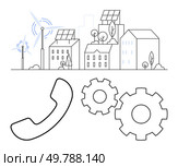 Smart city with buildings, wind turbines, solar panels, gear cogs, and phone receiver. Ideal for smart technology, renewable energy, urban planning, sustainable development mechanics communication. Smart city elements with wind turbines, solar panels, gear cogs, and phone receiver for communication. Стоковая иллюстрация, агентство Ingram Publishing / Фотобанк Лори