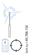 Wind turbine generating power, charging battery with blue lightning bolt, black target icon. Ideal for sustainability, clean energy, renewable resources, technology, environment, efficiency. Renewable Energy Concept Featuring Wind Turbine, Battery, and Target Focus Elements. Стоковая иллюстрация, агентство Ingram Publishing / Фотобанк Лори