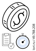 Dollar coin checklist with a tick and stopwatch. Ideal for finance, time management, productivity, organization, efficiency, deadlines, goal setting. Line metaphor. Dollar Coin, Checklist, and Stopwatch Symbols Highlighting Time Management and Productivity. Стоковая иллюстрация, агентство Ingram Publishing / Фотобанк Лори