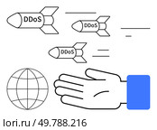 DDoS missiles aiming towards a globe intercepted by a hand. Ideal for cybersecurity, online safety, internet threats, network security, cyberattacks, digital protection, and IT security. Line. Cybersecurity Defense Against DDoS Attacks with Missiles Targeting Globe and Protective Hand Symbol. Стоковая иллюстрация, агентство Ingram Publishing / Фотобанк Лори