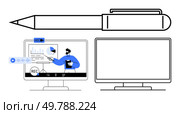 Online webinar conducted on a computer with data charts, audio recording symbol, and a pen. Ideal for educational content, virtual meetings, online training, business seminars, tutorials, workshops. Webinar Presentation on Computer Screen with Recording and Pen for Note-taking. Стоковая иллюстрация, агентство Ingram Publishing / Фотобанк Лори