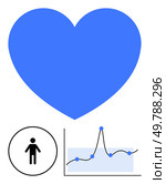 Blue heart human silhouette trajectory graph. Ideal for health, wellness, vitality, analytics, data tracking, medical insights, life sciences. Line metaphor. Heart Health Understanding the Human Element and Tracking Vital Signs. Стоковая иллюстрация, агентство Ingram Publishing / Фотобанк Лори