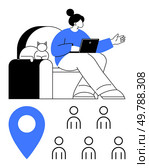 Person working with laptop seated next to cat on chair, location marker, and group symbols. Ideal for remote work, telecommuting, technology, collaboration, digital lifestyle, home office, video. Person Working from Home with Laptop, Cat, and Location Marker Remote Collaboration Concept. Стоковая иллюстрация, агентство Ingram Publishing / Фотобанк Лори
