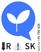 Two leaves inside blue circular speech bubble, word RISK with black arrow pointing down containing SALE and exclamation mark in triangle. Ideal for finance, business, strategy, growth, sales. Risk Management in Sales Growth Cautionary Elements and Potential Hazards. Стоковая иллюстрация, агентство Ingram Publishing / Фотобанк Лори