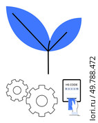 Blue leaf sprouting from minimalistic line, three gears representing collaboration, hand interacting with a touchscreen displaying HS code. Ideal for sustainability, technology, innovation, industry. Modern integration of eco-friendly technology and digital automation concepts. Стоковая иллюстрация, агентство Ingram Publishing / Фотобанк Лори