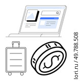 Laptop displaying travel site, suitcase, and coin representing online travel booking, vacation preparation, and financial planning. Ideal for tourism, budgeting, e-commerce, technology digital. Online Travel Booking Concept with Laptop, Suitcase, and Coin Illustrating Planning and Cost Management. Стоковая иллюстрация, агентство Ingram Publishing / Фотобанк Лори