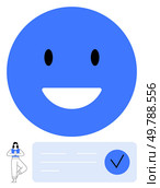 Large smiling face, yoga pose woman, checkmark in blue circle. Ideal for mental health, fitness, wellness positivity mindfulness self-care themes. Line metaphor. Line metaphor. Simple line icons. Smiling Face and Yoga Pose with Checkmark Symbol for Positive Mental Health and Well-being. Стоковая иллюстрация, агентство Ingram Publishing / Фотобанк Лори