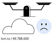Balance scale above a cloud symbol and sad face indicating emotional or mental burden. Ideal for mental health discussions, therapy, stress management, mood tracking, psychology studies, emotional. Balance scale with cloud symbol and sad face highlighting emotional weight and mental health balance. Стоковая иллюстрация, агентство Ingram Publishing / Фотобанк Лори