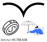 Man holds umbrella, coin with dollar sign, and protective arc. Ideal for finance, investment, insurance, wealth management, security risk management economic stability. Line metaphor. Man holding umbrella, coin with dollar sign and protective arc indicating wealth protection. Стоковая иллюстрация, агентство Ingram Publishing / Фотобанк Лори