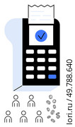 Payment terminal with receipt people icons, and coin symbols under. Ideal for finance, transactions, digital payments, business, economy, community, cashless. Line metaphor. Digital Payment Terminal with Receipt, People Icons, and Coin Symbols for Financial Transactions. Стоковая иллюстрация, агентство Ingram Publishing / Фотобанк Лори