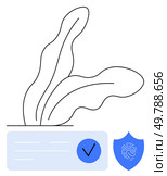 Stylized plant next to a document with a checkmark and a shield icon with a fingerprint. Ideal for tech security, authentication, data privacy, identity verification, digital certificates, secure. Stylized Plant with Document and Shield Highlighting Security and Verification. Стоковая иллюстрация, агентство Ingram Publishing / Фотобанк Лори