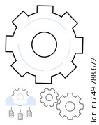 Gears indicating cloud computing and data storage connected with documents. Ideal for technology, cloud computing, automation, data management, workflow, business strategy, and digital. Gear icons representing cloud data management and seamless connection across digital workflows. Стоковая иллюстрация, агентство Ingram Publishing / Фотобанк Лори