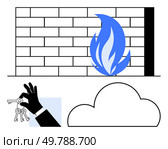 Brick wall with blue flame, black hand holding keys, cloud icon. Ideal for internet safety, firewalls, secure access, cloud services, data protection cybersecurity network security. Line metaphor. Cybersecurity Elements Firewall, Cloud Security, Hand Holding Keys, and Fire Symbol. Стоковая иллюстрация, агентство Ingram Publishing / Фотобанк Лори