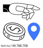 Hand poised to grab a dollar coin and a blue location pin suggests financial decisions and navigation. Ideal for finance, business strategy, investments, direction, financial planning, navigation. Hand Reaching for Dollar Coin and Location Pin, Representing Financial Decisions and Navigation. Стоковая иллюстрация, агентство Ingram Publishing / Фотобанк Лори