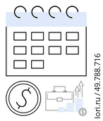 Calendar grid with financial icons thumbs up a dollar sign, briefcase, and arrows. Ideal for planning, scheduling, financial analysis, business strategy, budgeting, forecasting and productivity. Calendar with Financial Icons Including Dollar Sign, Briefcase, and Stacked Coins. Стоковая иллюстрация, агентство Ingram Publishing / Фотобанк Лори