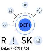 Central circle labeled DeFi connected to icons for home, shopping cart, heart, and gear. Below, the word RISK spelled out with an exclamation mark in a triangle. Ideal for finance, investment. Decentralized Finance DeFi Risk Factors with Connected Icons Home, Shopping Cart, Heart, Setting Gear. Стоковая иллюстрация, агентство Ingram Publishing / Фотобанк Лори