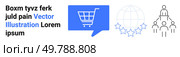 Shopping cart symbol within blue speech bubble, globe with stars, and hierarchical team icon. Ideal for e-commerce, global business, teamwork, communication, customer feedback, digital marketing. Business Concepts Shopping Cart, Global Network, and Teamwork Representation. Стоковая иллюстрация, агентство Ingram Publishing / Фотобанк Лори