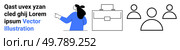 Businesswoman pointing, briefcase, and three audience icons. Ideal for business presentations, corporate training, professional services, team management, HR onboarding, consulting, and marketing. Businesswoman Presenting with Briefcase and Team Audience Icons. Стоковая иллюстрация, агентство Ingram Publishing / Фотобанк Лори
