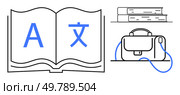 Open book with A and Chinese character, two books on a shelf, and a briefcase with strap. Ideal for language learning, translation, education, literature, academia, traveling, communication. Line. Open book with A and Chinese character, two books on shelf, and briefcase with strap for learning themes. Стоковая иллюстрация, агентство Ingram Publishing / Фотобанк Лори