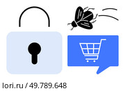 Padlock symbolizing security next to a bug icon and a speech bubble with a shopping cart, illustrating cybersecurity in e-commerce. Ideal for use in online security, e-commerce, spyware warnings, IT. Padlock, Bug, and Shopping Cart Icon for Cybersecurity and E-commerce. Стоковая иллюстрация, агентство Ingram Publishing / Фотобанк Лори