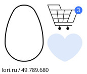 Shopping cart with three product notifications, light blue heart shape, and bean shape. Ideal for e-commerce, online shopping, notifications, love, favorites grocery UI design. Line metaphor. Minimalist Shopping Cart, Notification Badge, Heart, and Bean Shapes for E-commerce and Favorites. Стоковая иллюстрация, агентство Ingram Publishing / Фотобанк Лори