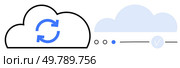Flat icon with one cloud containing sync arrows, another showing progress and completion verification. Ideal for cloud storage, synchronization services, data backup, IT solutions, web services. Cloud Syncing Process Representation with Progress Update and Verification. Стоковая иллюстрация, агентство Ingram Publishing / Фотобанк Лори