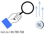 Hand holding magnifying glass, focusing on upward arrows and percentage symbol. Ideal for market analysis, business growth, financial trends, data research, investment strategies, economic reports. Hand Holding Magnifying Glass Analyzing Increasing Percentages for Business Growth and Market Trends. Стоковая иллюстрация, агентство Ingram Publishing / Фотобанк Лори