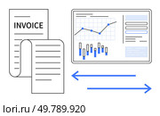 Invoice document beside screen displaying charts and financial data. Bidirectional arrows signify data flow and integration. Ideal for finance, business, accounting, reports, invoicing, analytics. Invoice Document and Financial Data Analysis on Screen with Bidirectional Flow Arrows. Стоковая иллюстрация, агентство Ingram Publishing / Фотобанк Лори