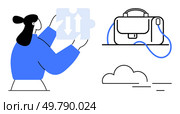 Woman holding a puzzle piece with bidirectional arrows, a briefcase on a table, and a cloud. Ideal for work organization, problem-solving, teamwork, freelance, remote work, cloud computing, digital. Woman holding puzzle piece with bidirectional arrows, accompanied by a briefcase and cloud. Стоковая иллюстрация, агентство Ingram Publishing / Фотобанк Лори