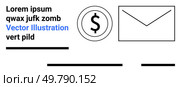 Dollar sign, envelope, text, and lines integrated into a versatile layout. Ideal for business websites, financial blogs, marketing materials, email newsletters, e-commerce platforms, digital. Dollar Sign, Envelope, and Text Elements for Financial and Business Themes. Стоковая иллюстрация, агентство Ingram Publishing / Фотобанк Лори