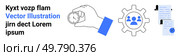 Hand holding a stopwatch, gear with people icon, documents with checkmark. Ideal for project management, team coordination, productivity tracking, business planning, onboarding processes, performance. Hand Holding Stopwatch and Gear with People Icon, Documents with Checkmark. Стоковая иллюстрация, агентство Ingram Publishing / Фотобанк Лори