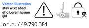Alert triangle, Bitcoin with circuit, and lock with skull-and-crossbones on text background. Ideal for cybersecurity, blockchain, encryption, hacking, online safety, digital safety awareness. Cybersecurity Icons Including Alert Sign, Bitcoin, and Lock with Skull for Digital Safety. Стоковая иллюстрация, агентство Ingram Publishing / Фотобанк Лори