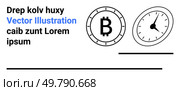 Bitcoin symbol circle and clock with black lines and sample text, clean design aligning modern themes. Ideal for cryptocurrency, finance, investment, time management, economy, technology, digital. Cryptocurrency and Time Management Concept with Bitcoin Symbol and Clock Illustration. Стоковая иллюстрация, агентство Ingram Publishing / Фотобанк Лори