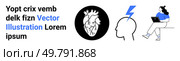 Human heart anatomy, head with lightning bolt, person using laptop reflect health, technology, innovation, and patient care. Ideal for medical websites, tech blogs, educational content, wellness. Digital Health and Innovation, Integrating Technology in Healthcare for Better Patient Outcomes. Стоковая иллюстрация, агентство Ingram Publishing / Фотобанк Лори