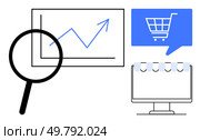 Magnifying glass analyzes an upward-trending growth chart. Shopping cart icon displayed on a blue speech bubble. Ideal for business analysis, e-commerce development, market research, online shopping. Magnifying Glass Analyzing Growth Chart and E-commerce Shopping Cart on Computer Screen. Стоковая иллюстрация, агентство Ingram Publishing / Фотобанк Лори